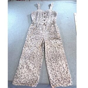 Leopard Print Denim Wide Leg Jumpsuit Womens Tan Brown Grey Excellent Safari
